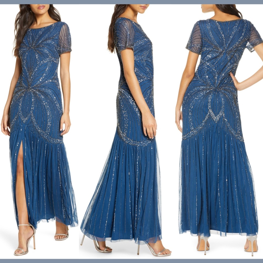 NEW Pisarro‎ Nights Beaded Short Sleeve Mermaid Gown in Blue [SZ 6 ]